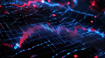 Poster - abstract digital technology background with vibrant blue and red wave patterns and grid lines.