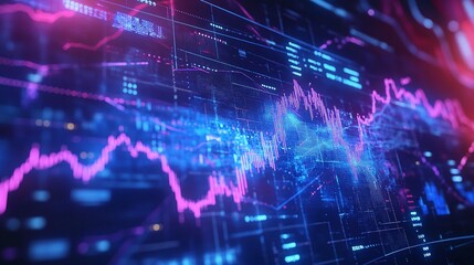 Poster - abstract digital technology background with vibrant graphs and data visualizations in blue and pink 