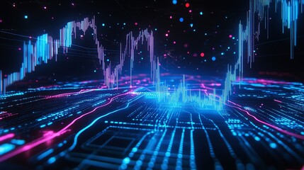 Poster - abstract digital technology illustration with glowing graphs and data, enhanced by vibrant colors an