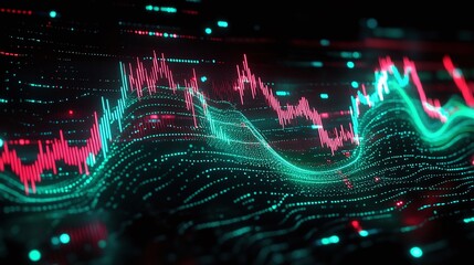 Poster - abstract digital visualization of data trends with colorful graphs and wave patterns on a dark backg