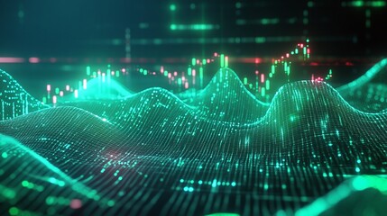Poster - abstract digital visualization of data waves and financial graphs in green tones on a dark backgroun