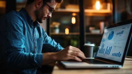Poster - A focused man analyzes data on a laptop in a cozy workspace, surrounded by warm lighting and a coffee cup.