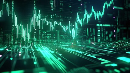 Poster - abstract digital visualization with green data lines and graphs representing financial growth and an