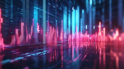 Poster - abstract digital visualization with vibrant pink and blue graphs representing data trends in a high-