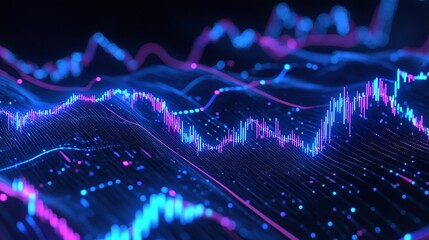 Poster - abstract digital wave forms representing data trends and analytics on a dark background.