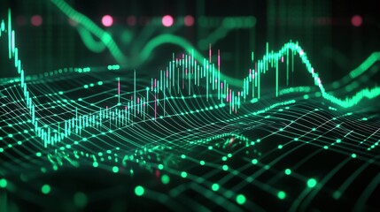 Poster - abstract digital wave graph with green lines and data visualization elements on a dark background.