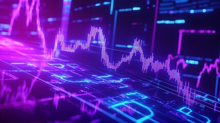 Poster - abstract digital waveform representation with vibrant pink and blue colors on a dark background.