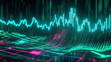 Poster - Abstract digital waveforms in neon colors illustrating data visualization and modern technology.