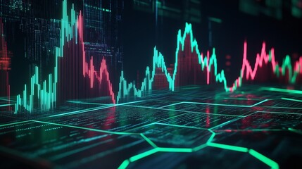 Poster - abstract financial chart with green and red indicators on a digital interface.