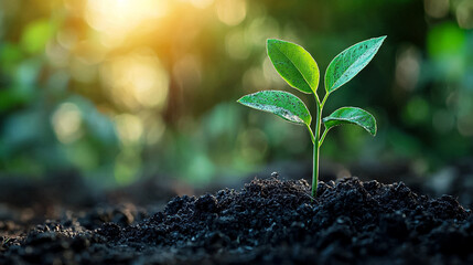 A small green plant is growing in the dirt