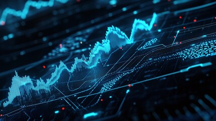Poster - Abstract financial data visualization with glowing graphs and digital interfaces on a dark background.