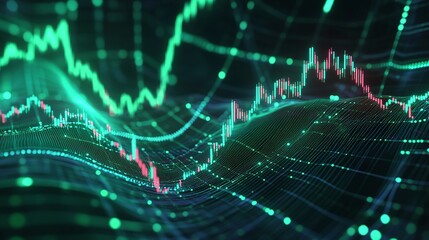 Poster - abstract financial data visualization with moving line graphs and glowing elements representing mark