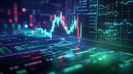 Poster - Abstract financial market data visualization with glowing graphs and charts for trading analysis.