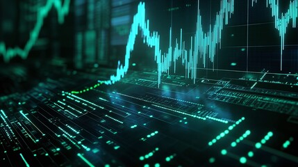Poster - abstract financial trading graph with glowing green lines representing market trends on a digital in