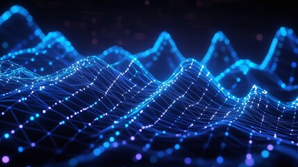 Poster - abstract glowing blue waves with interconnected dots representing data and digital connectivity.