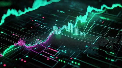 Poster - Abstract representation of financial data with vibrant graphs and digital elements in green and pink tones.