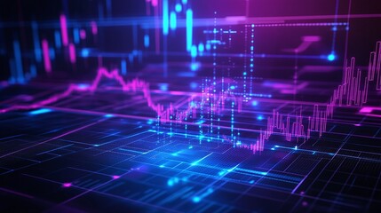 Poster - abstract technology background with vibrant blue and pink financial graphs and data points.