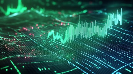 Poster - abstract visualization of data trends with graph lines and digital elements on a dark background.