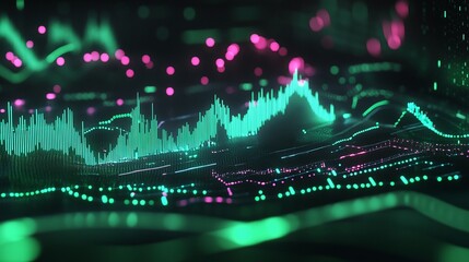 Poster - Abstract visualization of digital data trends with neon colors and waveforms.