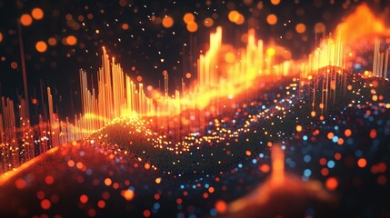 Poster - Abstract visualization of sound waves with vibrant orange and blue particles, showcasing energy and rhythm in a digital landscape.