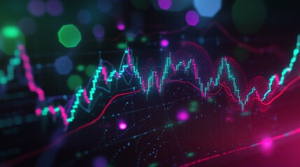 Poster - colorful abstract data visualization with glowing lines representing financial trends in a dark back