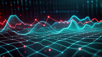 Poster - colorful abstract digital data visualization with dynamic wave forms and glowing lines on a dark bac