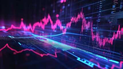 Poster - colorful data visualization with fluctuating graphs and digital interfaces.