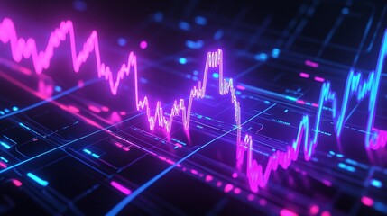 Poster - colorful digital data visualization with fluctuating graph lines and charts on a dark background.