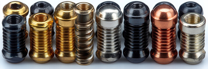 A close-up of a variety of metal bolts with different finishes, all lined up in a row.