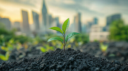 A small green plant is growing in a dirt field