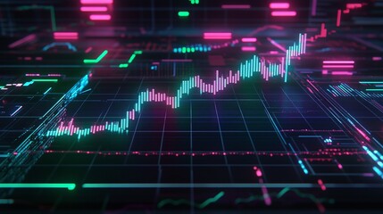 Poster - colorful digital stock market graph with fluctuating line, showcasing trading trends and data analys