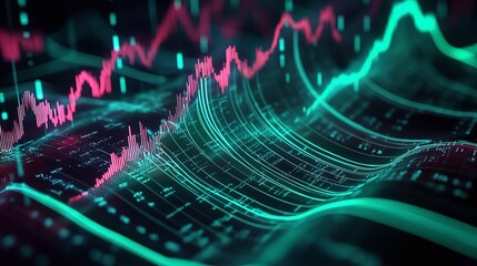 Poster - colorful digital waveforms representing data visualizations and analytics, on a dark background.