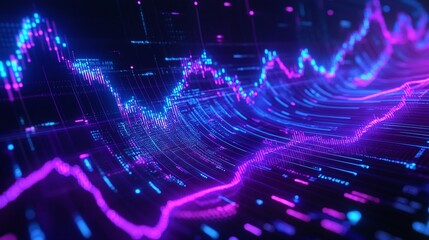 Poster - colorful digital waves and graphs illustrate data visualization in technology and finance.