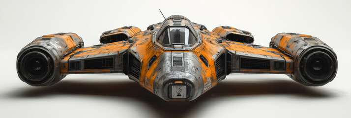 A futuristic spaceship with a weathered, orange and grey exterior,  hovering against a white backdrop.