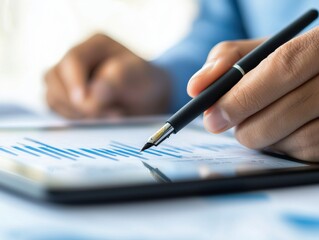 A close-up of a hand holding a pen, writing or analyzing data on a tablet with graphs, representing business analysis or productivity.