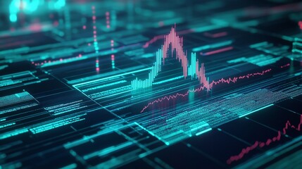 Poster - digital financial data visualization with charts and graphs in neon colors.