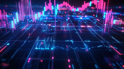 Poster - digital financial data visualization with colorful graphs and charts on a dark background.