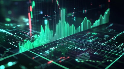 Poster - digital financial data visualization with graphs and metrics on a dark background.