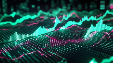 Poster - digital financial data visualization with vibrant green and pink graphs representing stock market tr