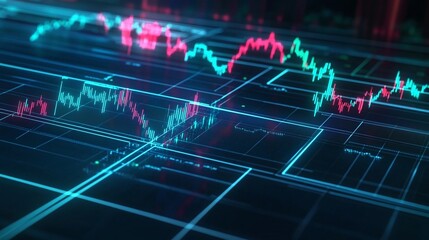 Poster - digital stock market graph with neon colors on a dark background, showcasing market fluctuations and