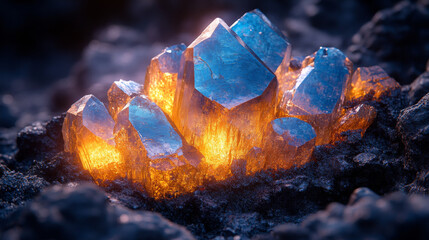 Wall Mural - Close-up of blue and orange crystals glowing in the dark.