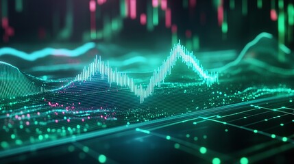 Poster - digital visualization of data trends with vibrant colors and dynamic wave patterns.