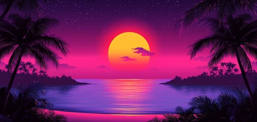 Wall Mural - Dreamy tropical sunset over a calm sea with vibrant colors and palm silhouettes.