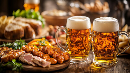 Sticker - beer mugs surrounded by appetizing food