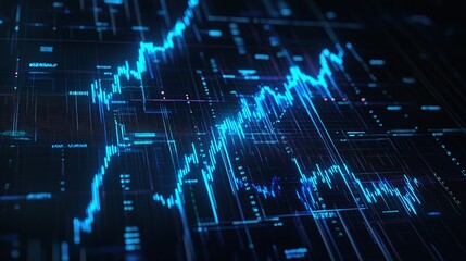 Dynamic blue digital graph representing data analysis, numerical trends, or stock market fluctuations.