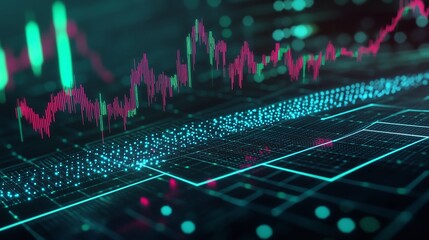 Poster - dynamic digital chart displaying fluctuating data trends with vibrant colors and gridlines on a futu