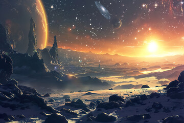 Wall Mural - a space scene with a large planet and a small planet, generative ai.,