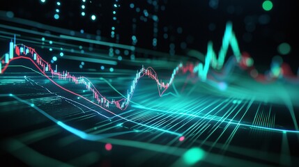 Poster - Dynamic financial data visualization featuring glowing graphs and digital elements on a dark background.