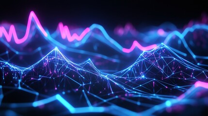 Poster - dynamic neon wave visualization, showcasing interconnected data points and vibrant color transitions