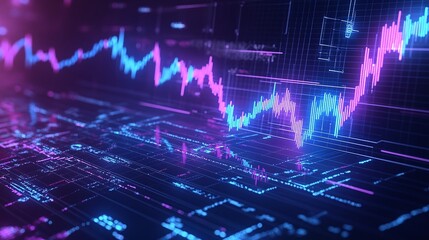 Poster - dynamic stock market data visualization with vibrant blue and pink lines depicting growth and trends